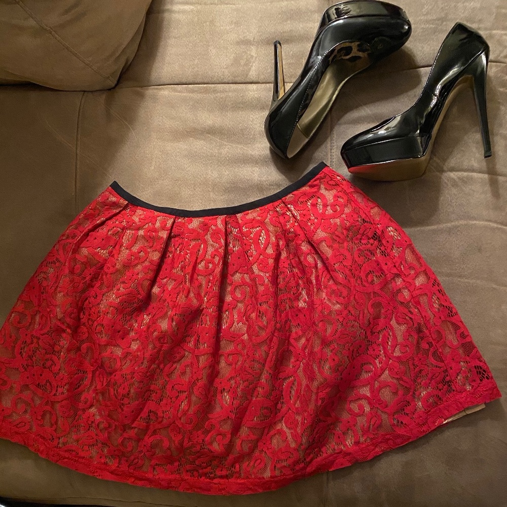 Red Lace A-Line Semi-Pleated Skirt
